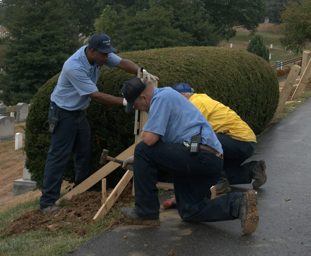 Workers setting and bracing a fence post