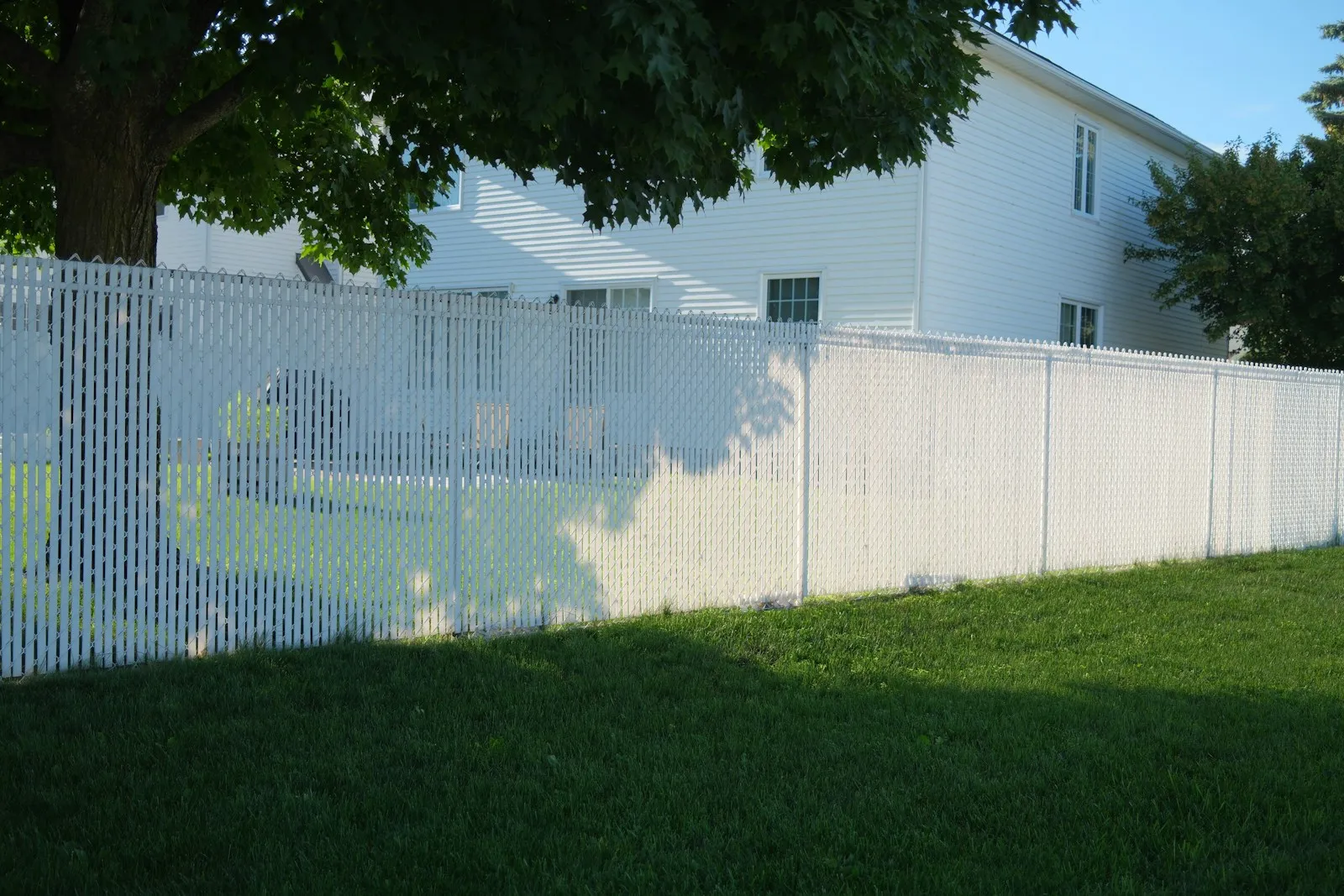 Tall white vinyl privacy fence along a back yard